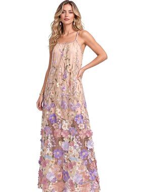 Beige Small 3D Floral Embroidery Tulle Maxi Dress for Wedding Guests